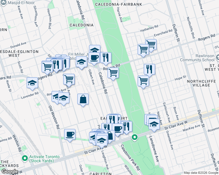 map of restaurants, bars, coffee shops, grocery stores, and more near in Toronto