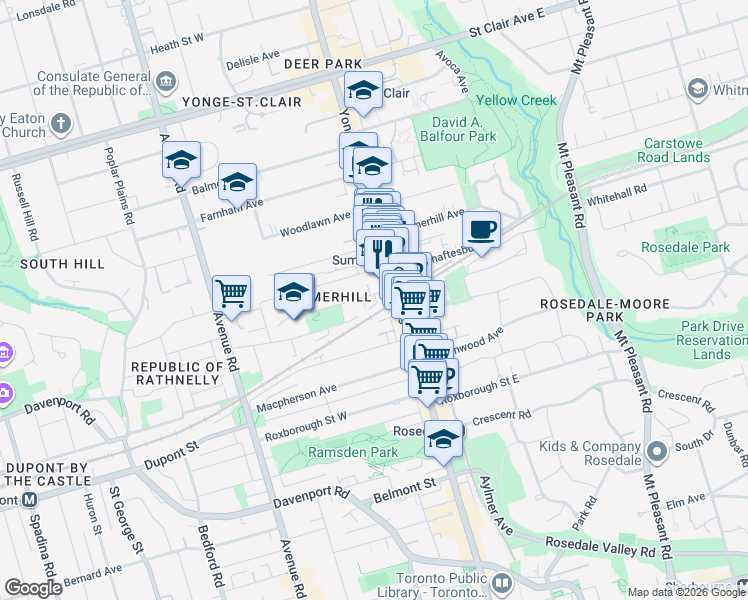 map of restaurants, bars, coffee shops, grocery stores, and more near 21 Birch Avenue in Toronto