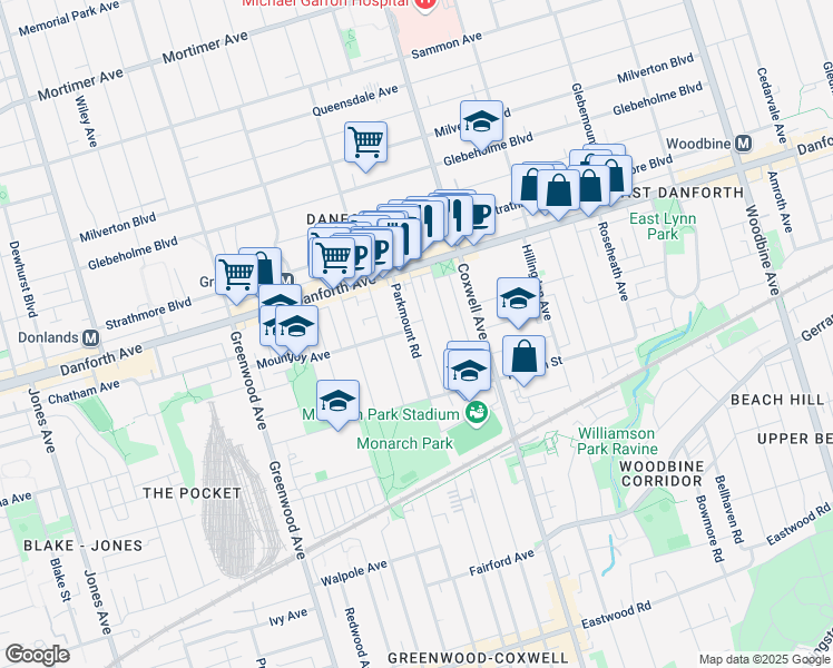 map of restaurants, bars, coffee shops, grocery stores, and more near 159 Parkmount Road in Toronto
