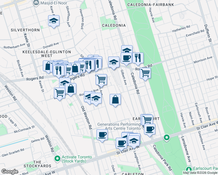 map of restaurants, bars, coffee shops, grocery stores, and more near 289 Blackthorn Avenue in Toronto