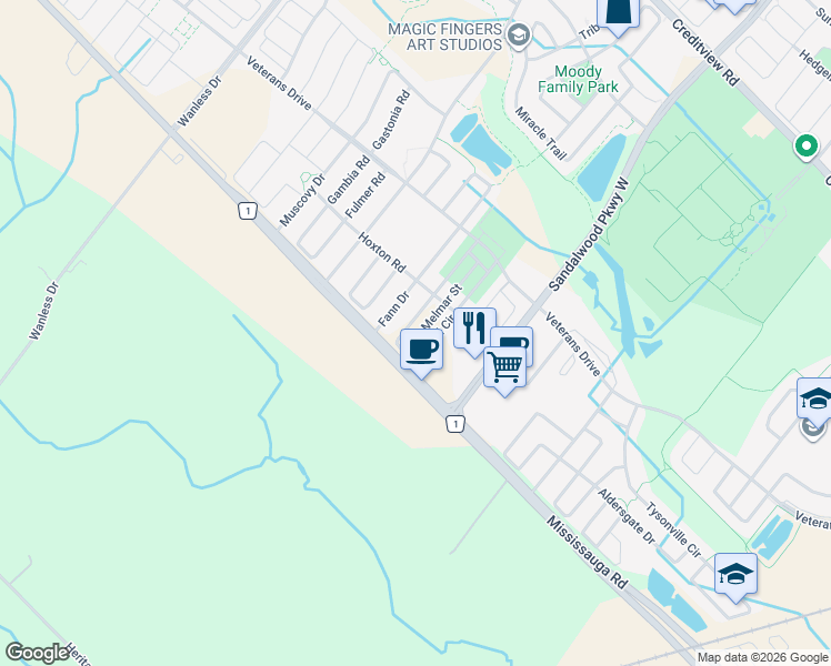 map of restaurants, bars, coffee shops, grocery stores, and more near 78 Melmar Street in Brampton