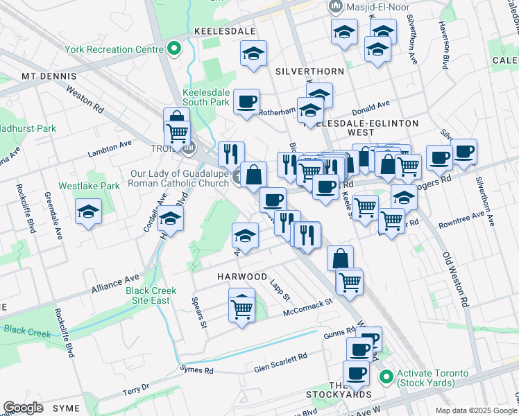 map of restaurants, bars, coffee shops, grocery stores, and more near in Toronto