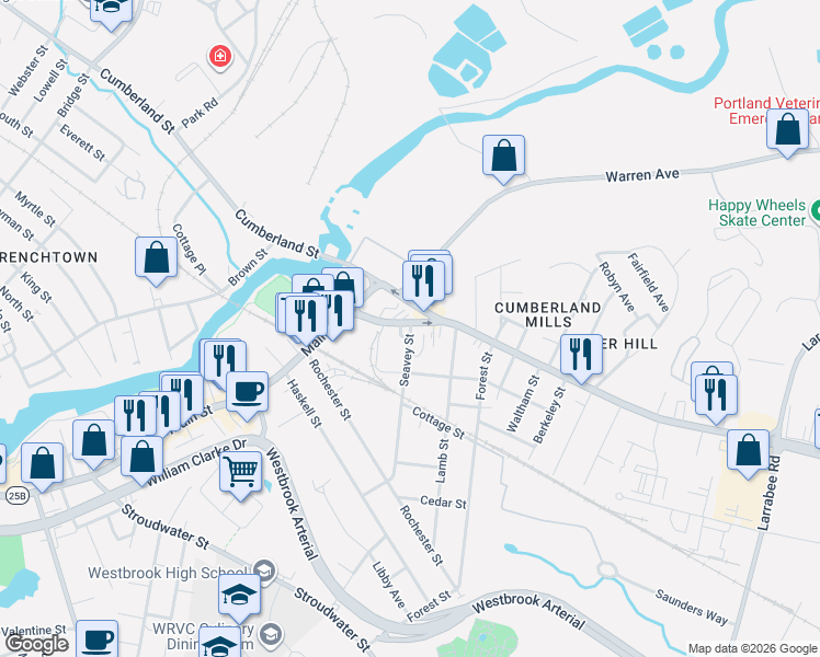 map of restaurants, bars, coffee shops, grocery stores, and more near 425 Main Street in Westbrook