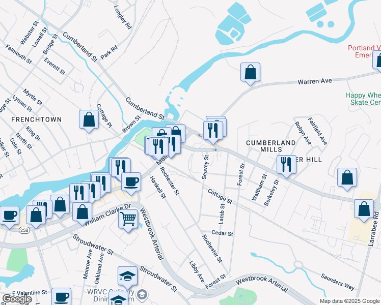 map of restaurants, bars, coffee shops, grocery stores, and more near 464 Main Street in Westbrook