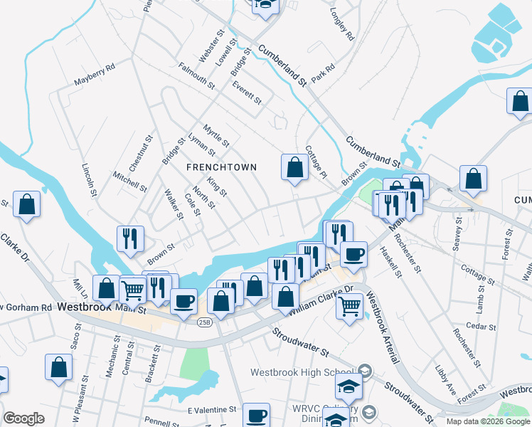 map of restaurants, bars, coffee shops, grocery stores, and more near 165 Brown Street in Westbrook