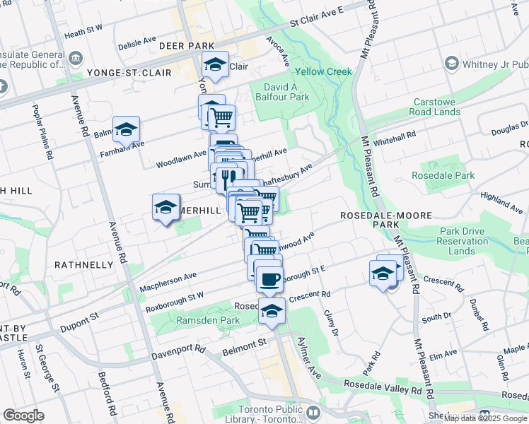 map of restaurants, bars, coffee shops, grocery stores, and more near 29 Shaftesbury Avenue in Toronto