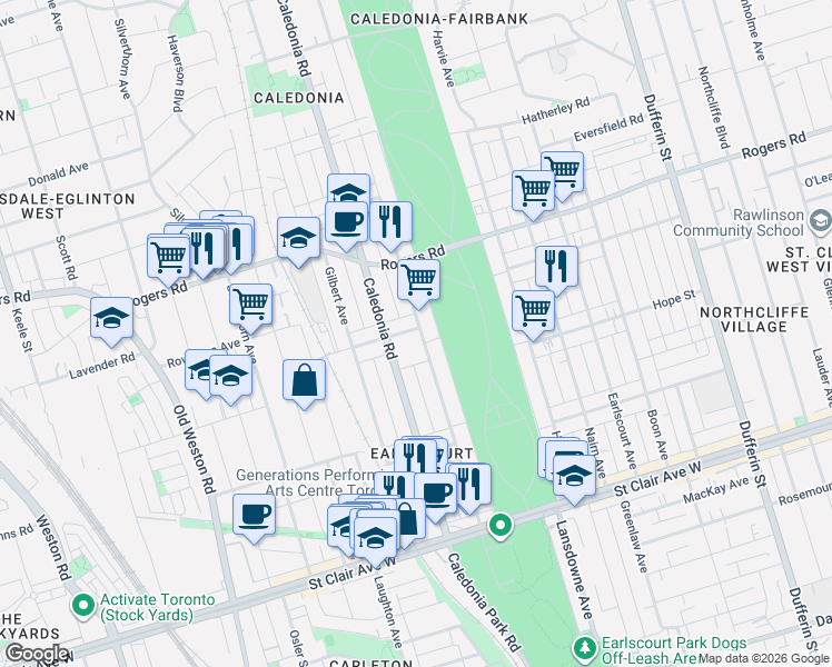 map of restaurants, bars, coffee shops, grocery stores, and more near 3 Innes Avenue in Toronto