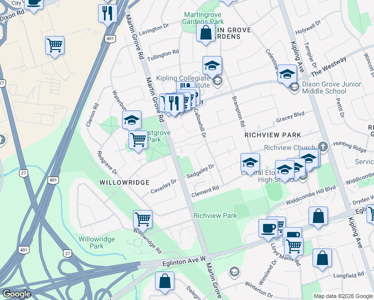 map of restaurants, bars, coffee shops, grocery stores, and more near 675 Martin Grove Road in Toronto