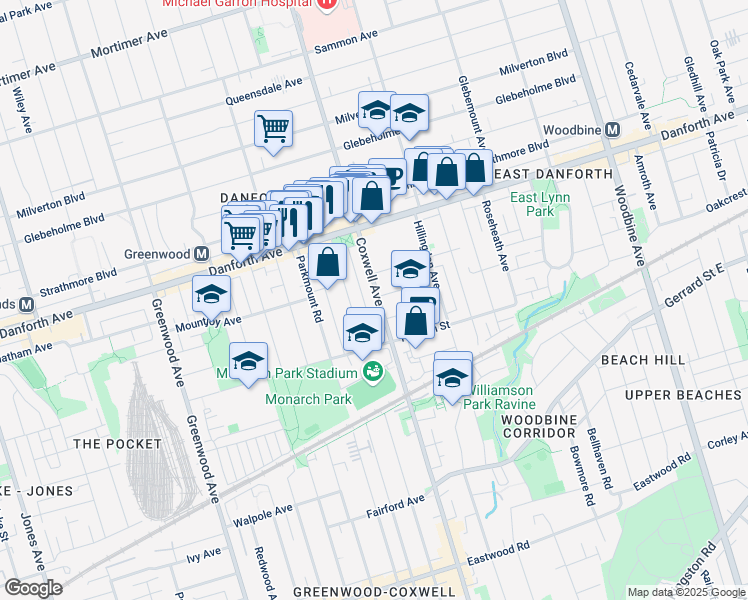 map of restaurants, bars, coffee shops, grocery stores, and more near 622 Coxwell Avenue in Toronto