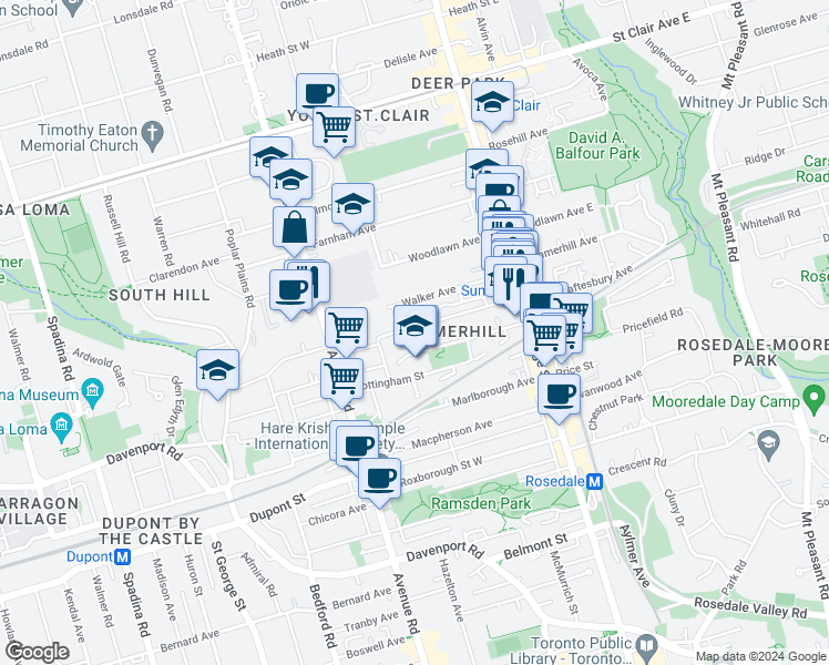map of restaurants, bars, coffee shops, grocery stores, and more near 111 A Alcorn Avenue in Toronto