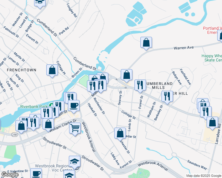 map of restaurants, bars, coffee shops, grocery stores, and more near 464 Main Street in Westbrook