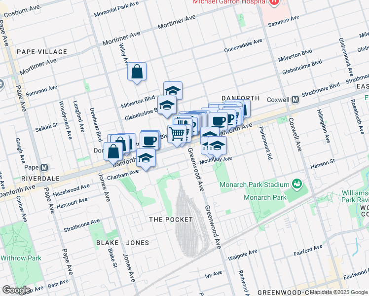 map of restaurants, bars, coffee shops, grocery stores, and more near in Toronto