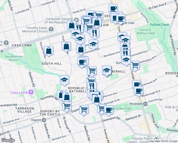map of restaurants, bars, coffee shops, grocery stores, and more near 359 Avenue Road in Toronto