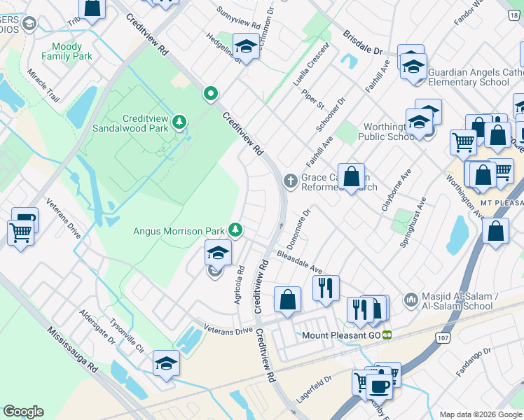 map of restaurants, bars, coffee shops, grocery stores, and more near 43 Baby Pointe Trail in Brampton