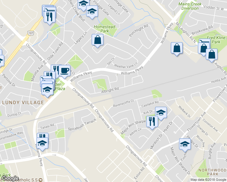 map of restaurants, bars, coffee shops, grocery stores, and more near 162 Albright Road in Brampton