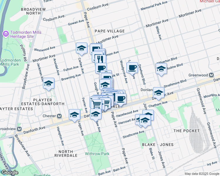 map of restaurants, bars, coffee shops, grocery stores, and more near 10 Muriel Avenue in Toronto