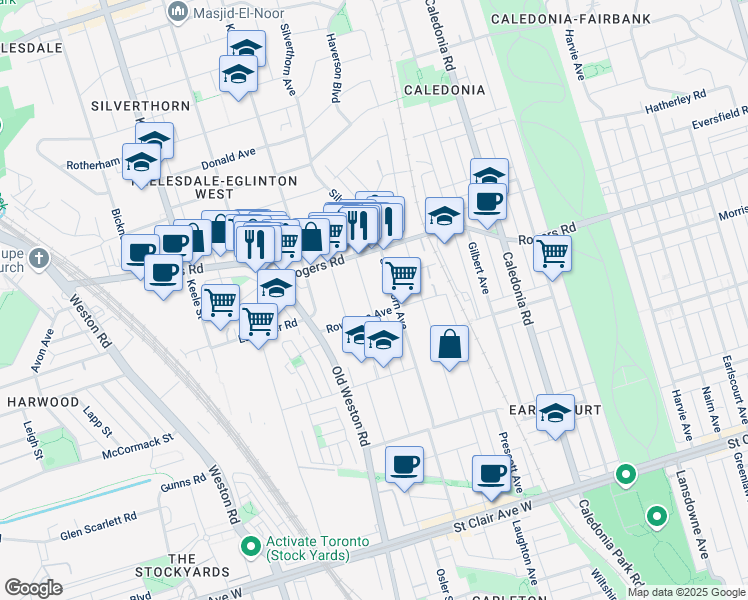 map of restaurants, bars, coffee shops, grocery stores, and more near 167 Rosethorn Avenue in Toronto