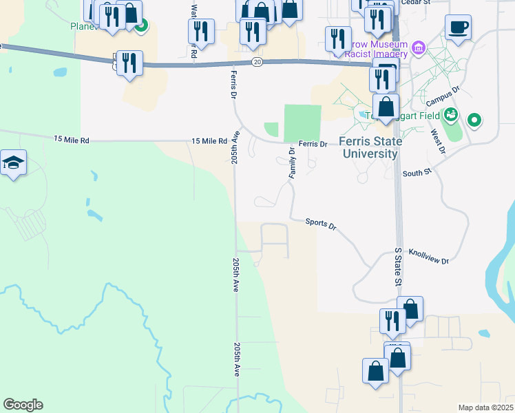 map of restaurants, bars, coffee shops, grocery stores, and more near 366 Finch Court in Big Rapids