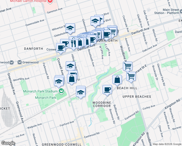 map of restaurants, bars, coffee shops, grocery stores, and more near 51 Bastedo Avenue in Toronto