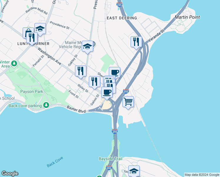 map of restaurants, bars, coffee shops, grocery stores, and more near 36 Veranda Street in Portland