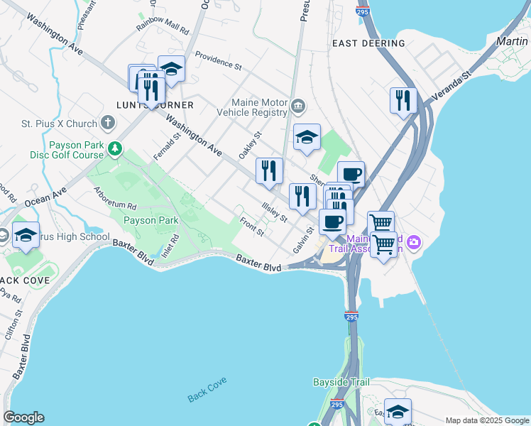 map of restaurants, bars, coffee shops, grocery stores, and more near 13 Presumpscot Street West in Portland