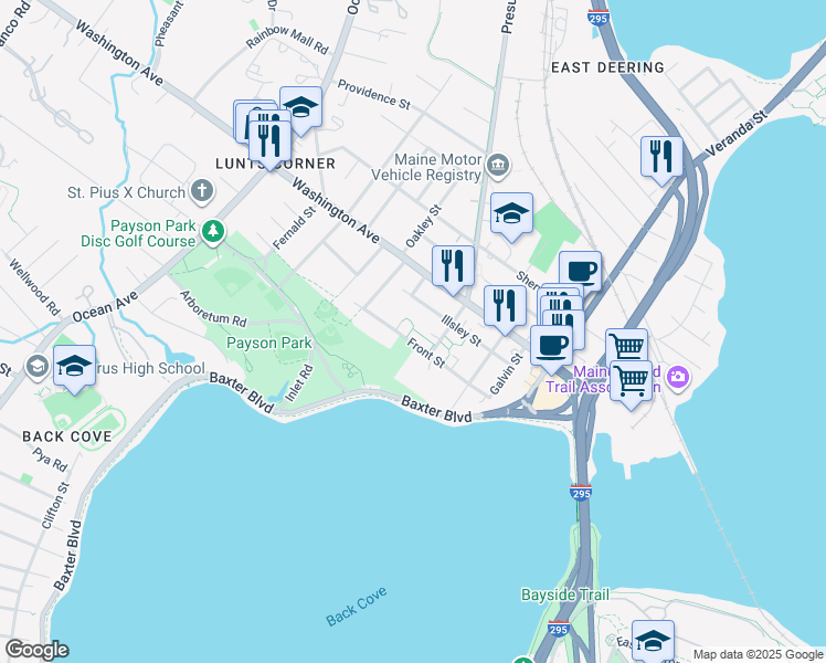 map of restaurants, bars, coffee shops, grocery stores, and more near 103 Front Street in Portland
