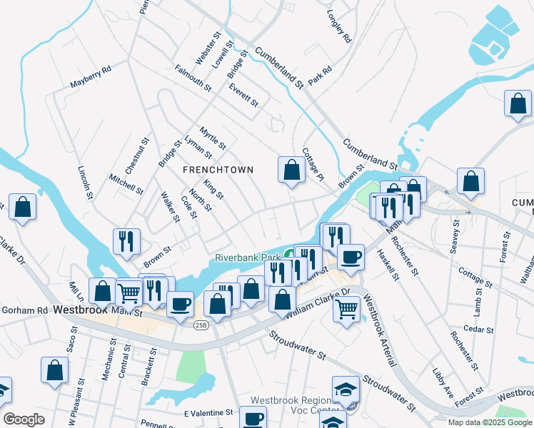 map of restaurants, bars, coffee shops, grocery stores, and more near 165 Brown Street in Westbrook
