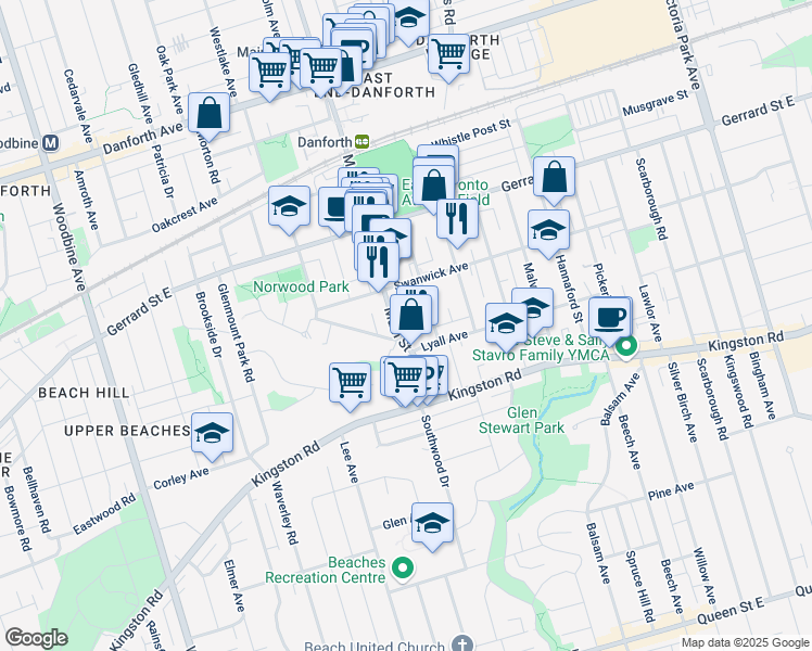 map of restaurants, bars, coffee shops, grocery stores, and more near in Toronto