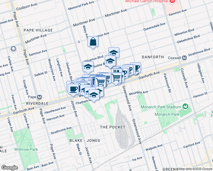 map of restaurants, bars, coffee shops, grocery stores, and more near in Toronto