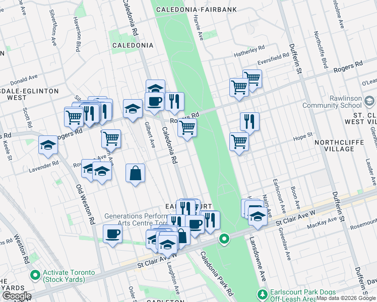 map of restaurants, bars, coffee shops, grocery stores, and more near 219 McRoberts Avenue in Toronto