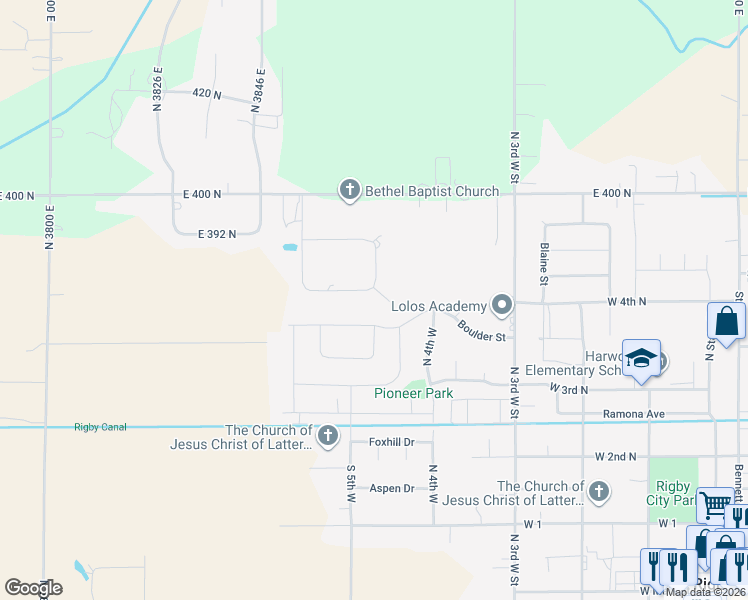 map of restaurants, bars, coffee shops, grocery stores, and more near 3866 East 380 North in Rigby