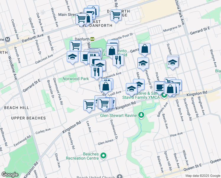 map of restaurants, bars, coffee shops, grocery stores, and more near 4 Kimberley Avenue in Toronto