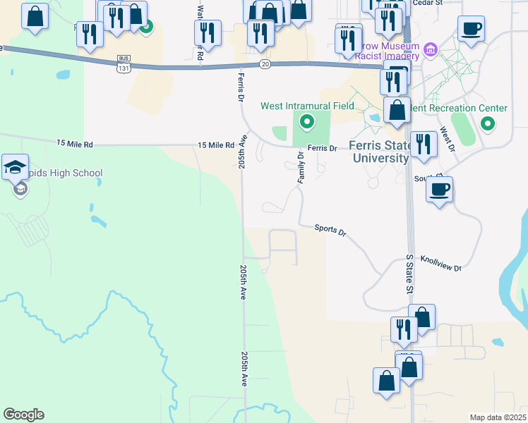 map of restaurants, bars, coffee shops, grocery stores, and more near 370 Finch Court in Big Rapids