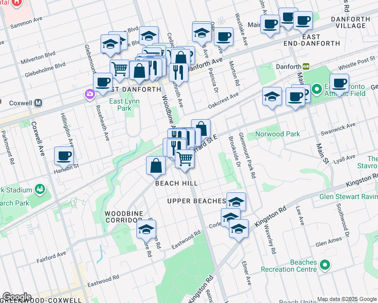 map of restaurants, bars, coffee shops, grocery stores, and more near in Toronto