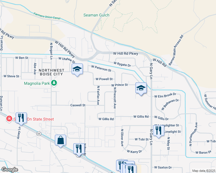 map of restaurants, bars, coffee shops, grocery stores, and more near 7924 West Prince Street in Boise