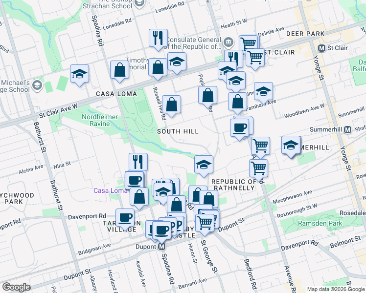 map of restaurants, bars, coffee shops, grocery stores, and more near 56 Russell Hill Road in Toronto