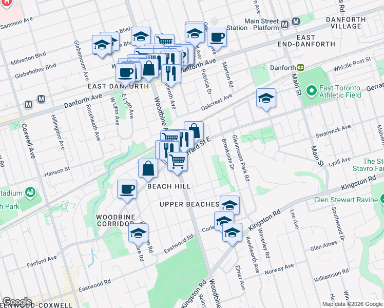 map of restaurants, bars, coffee shops, grocery stores, and more near 2003 Gerrard Street East in Toronto