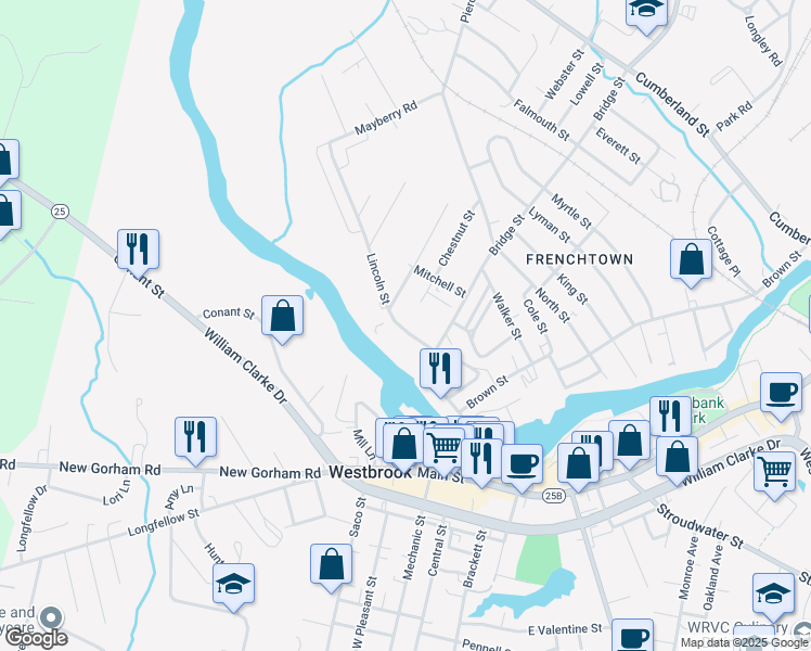 map of restaurants, bars, coffee shops, grocery stores, and more near 29 Lincoln Street in Westbrook