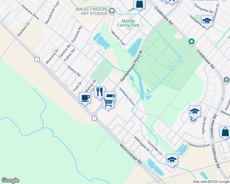 map of restaurants, bars, coffee shops, grocery stores, and more near in Brampton