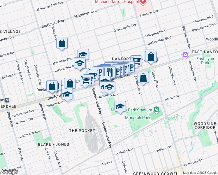 map of restaurants, bars, coffee shops, grocery stores, and more near 1275 Danforth Avenue in Toronto