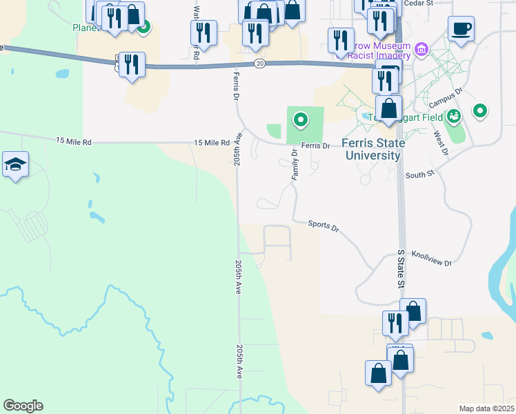 map of restaurants, bars, coffee shops, grocery stores, and more near 374 Finch Court in Big Rapids