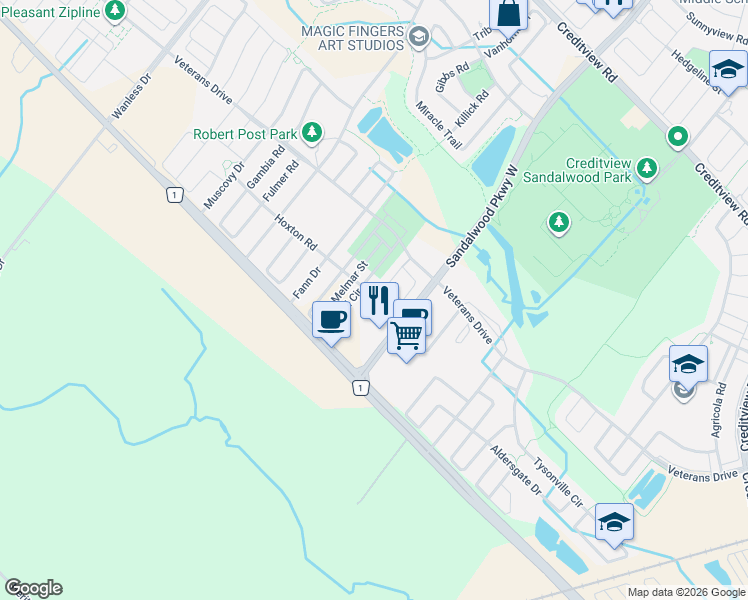 map of restaurants, bars, coffee shops, grocery stores, and more near 10675 Mississauga Road in Brampton