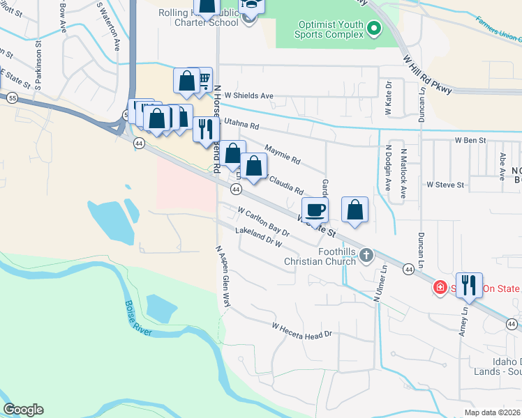 map of restaurants, bars, coffee shops, grocery stores, and more near 10406 West Carlton Bay Drive in Garden City