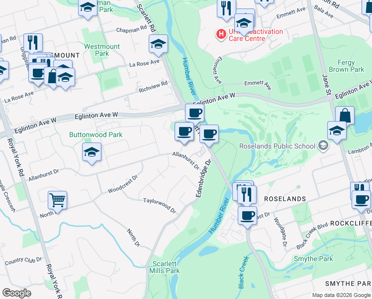 map of restaurants, bars, coffee shops, grocery stores, and more near 22 Allanhurst Drive in Toronto