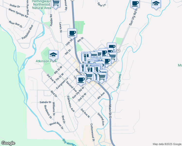 map of restaurants, bars, coffee shops, grocery stores, and more near 380 Main Street South in Ketchum
