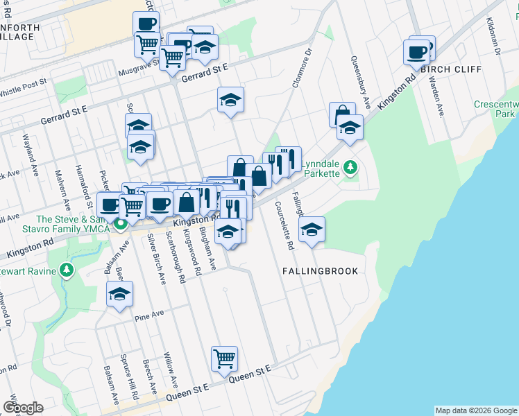 map of restaurants, bars, coffee shops, grocery stores, and more near Blantyre Avenue in Toronto