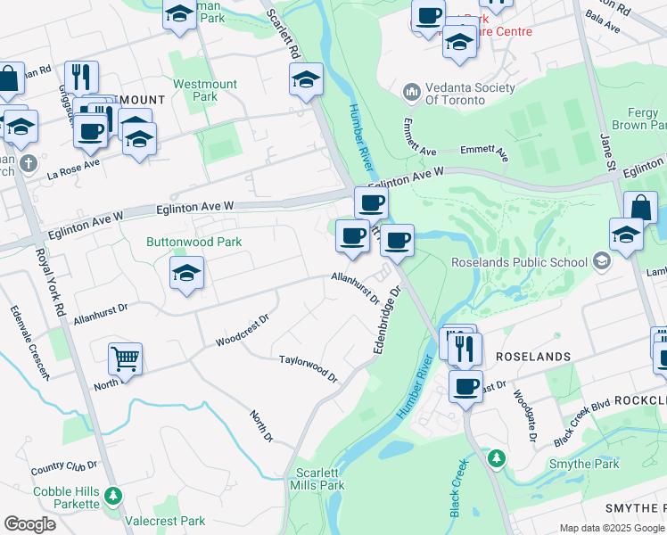 map of restaurants, bars, coffee shops, grocery stores, and more near 30 Allanhurst Drive in Toronto