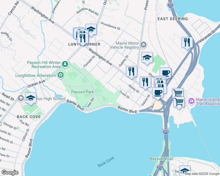 map of restaurants, bars, coffee shops, grocery stores, and more near 114 Front Street in Portland
