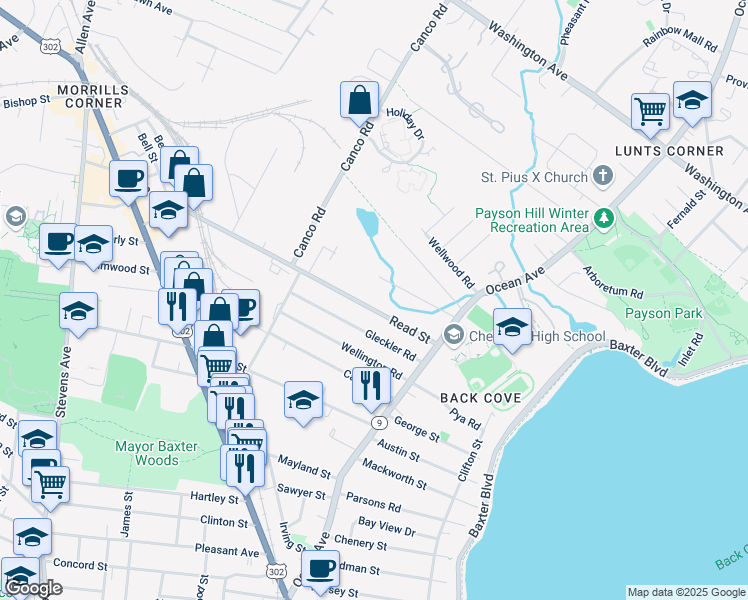 map of restaurants, bars, coffee shops, grocery stores, and more near 71 Read Street in Portland