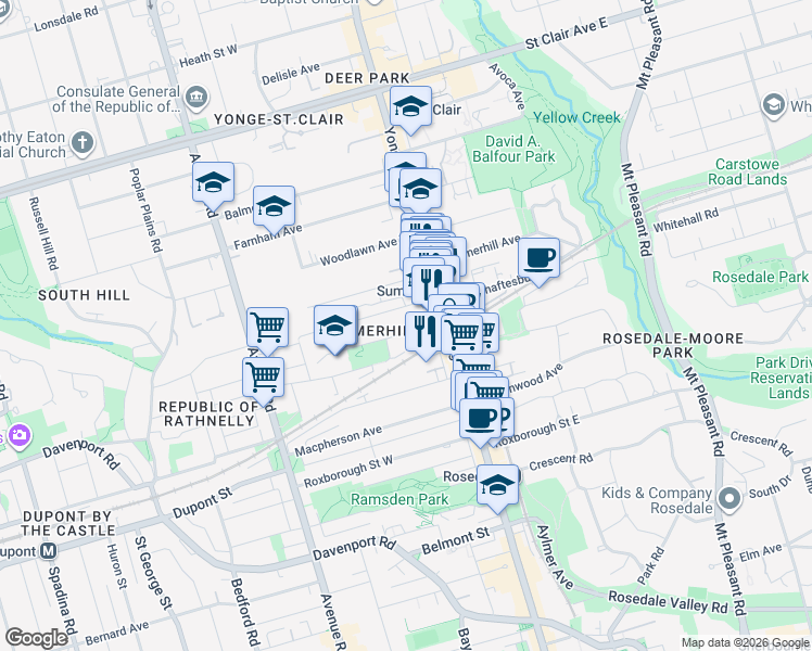 map of restaurants, bars, coffee shops, grocery stores, and more near 36 Birch Avenue in Toronto